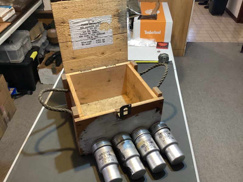 Wooden british army fuze box plus four fuze tins Carousel 1