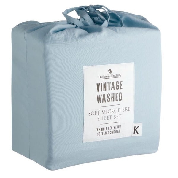 King Single Sheet Set - Bed - WASHED MICROFIBRE SKY (BLAKE & LINDSAY) Carousel 1