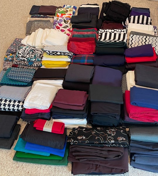 Massive bulk lot of high quality fabric (>140!) silk, merino, ponte, lace, linen Carousel 1