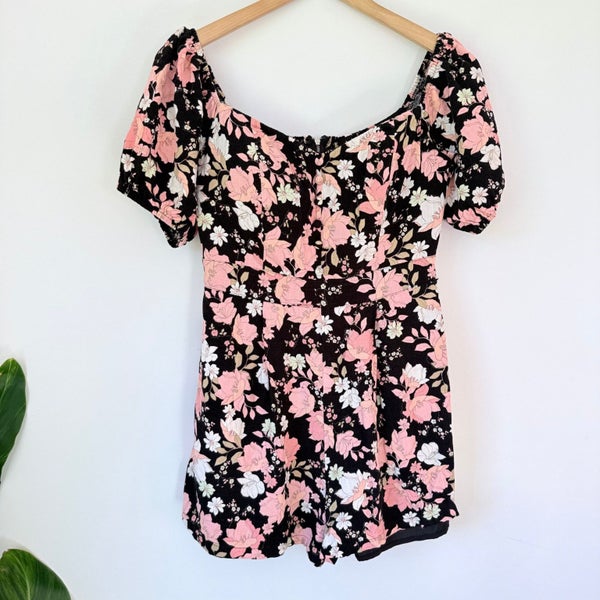 Dotti Black Floral Off-Shoulder Mini Dress - Puff Sleeves, Size 10 Carousel 1