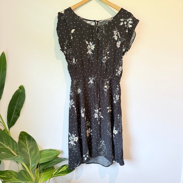 Katies Black Floral & Polka Dot Viscose Dress - Size 8 Carousel 1