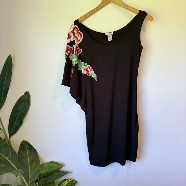 Cache Mini Black Dress With Sequins Sleeve Size XS Carousel 1