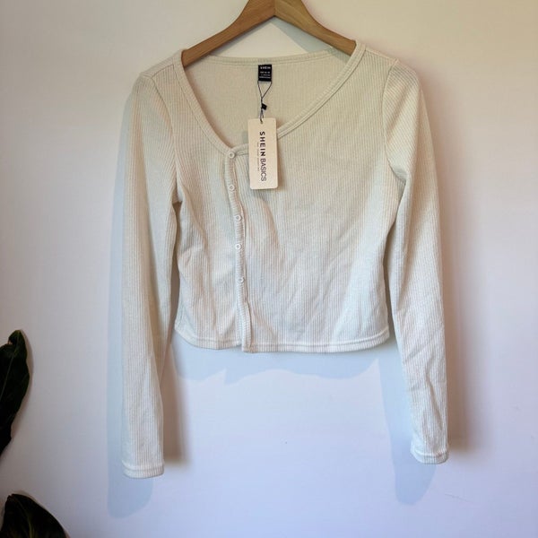 SHEIN BASICS Ribbed Long Sleeve Cropped Cardigan Top in Cream - Size L Carousel 1