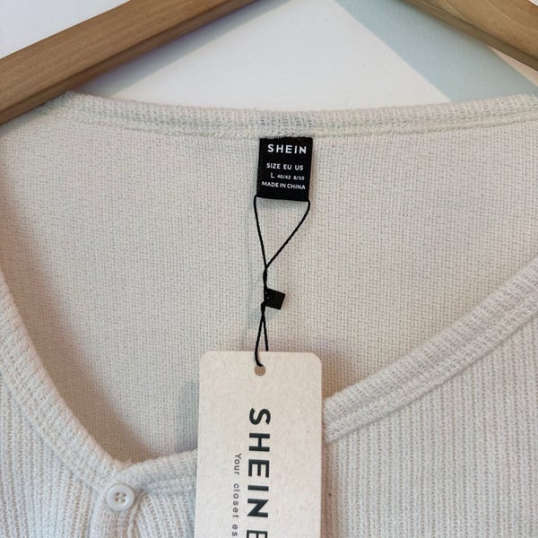 SHEIN BASICS Ribbed Long Sleeve Cropped Cardigan Top in Cream - Size L Carousel 2