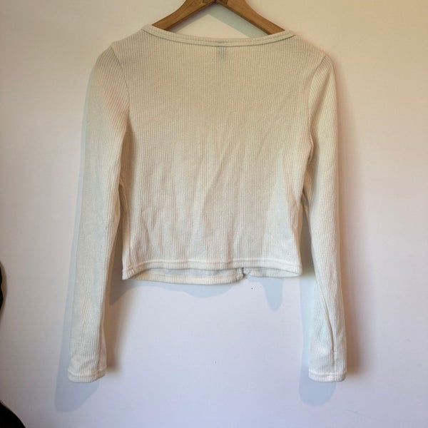 SHEIN BASICS Ribbed Long Sleeve Cropped Cardigan Top in Cream - Size L Carousel 4