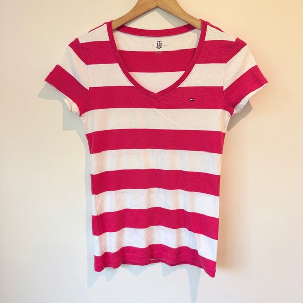 Tommy Hilfiger Red & White Striped V-Neck T-Shirt - Size S Carousel 1