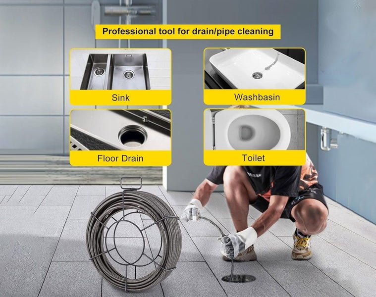 Plumber Drain Snake Pipe Pipeline Sewer Cleaner 12M 6 Drill Bit Tool Carousel 2