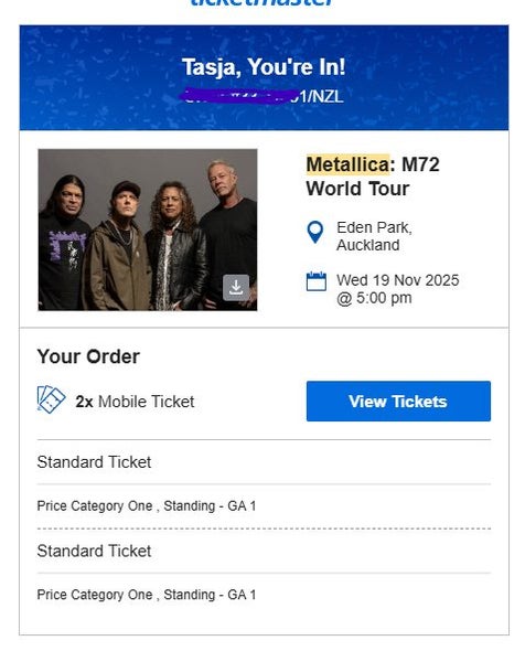 Metallica: M72 World Tour 2 x GA1 tickets64153971680897112