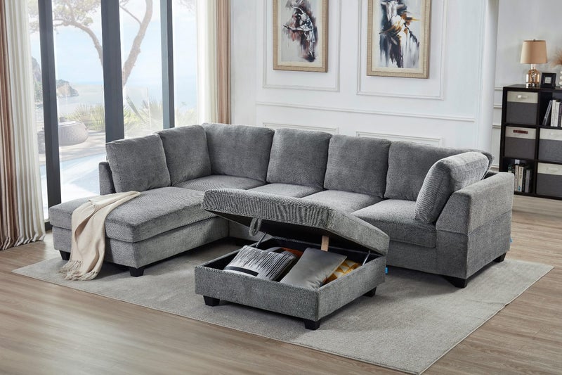 LIBERTY Premium Sectional Sofa (Grey) - Chaise Facing Left with Storage Ottoman Carousel 1