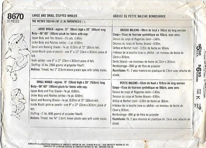 C348 SIMPLICITY 8670: LARGE & SMALL STUFFED WHALES Carousel 3