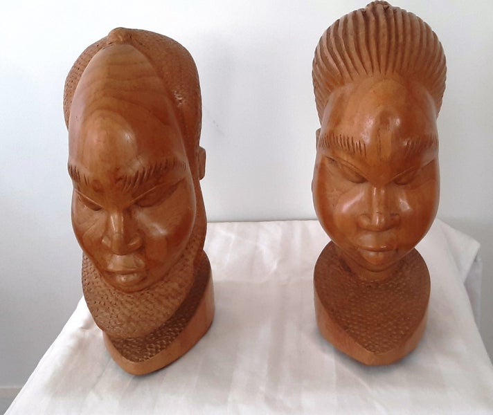 African Tribal Carved Heads (Man & Women) Sculptures x 2 Carousel 1