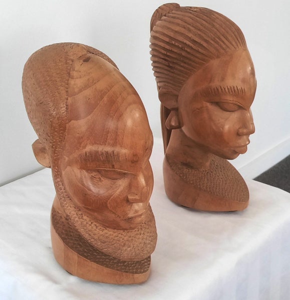 African Tribal Carved Heads (Man & Women) Sculptures x 2 Carousel 2