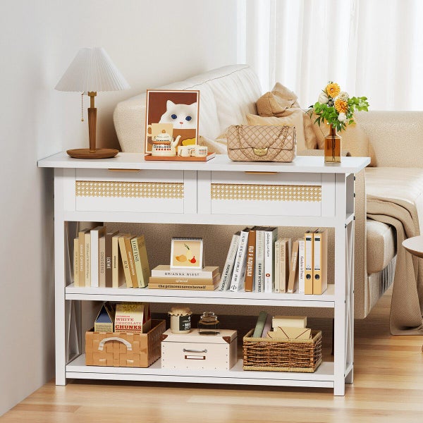 Console Table Rattan Drawers Narrow Entryway Bar Side Sofa White Carousel 2