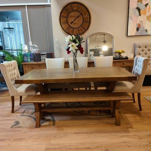 Urbano Interiors -Antique Oak Chateau Dining Table 210cm + 5 Chairs+Bench Set Carousel 1