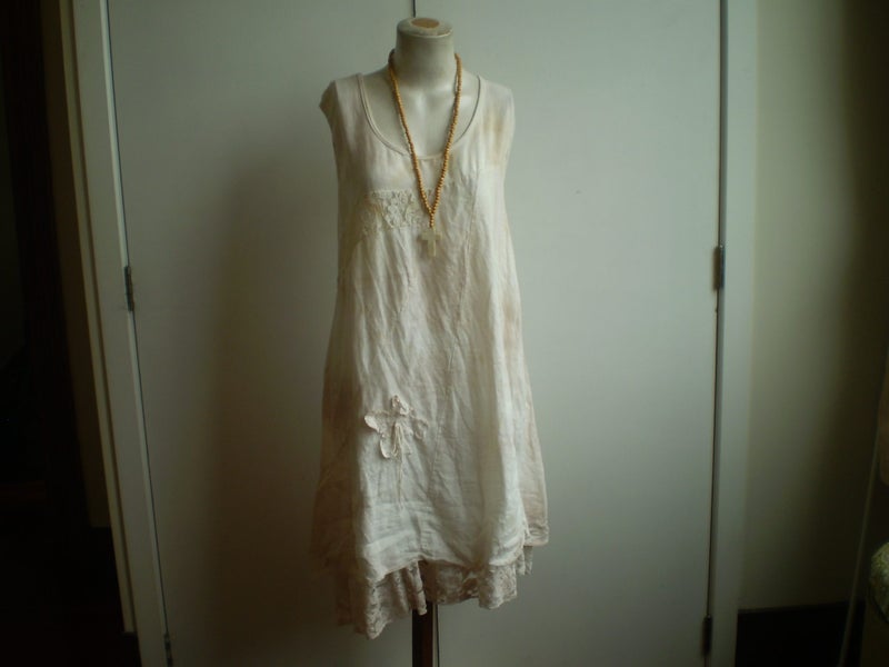 MADE IN ITALY ROMANTIC STYLE CREAM TIE DYED LINEN & LACE TUNIC DRESS 18/20 Carousel 2