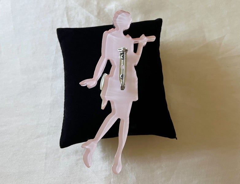 Very Large Art Deco Design Flapper Girl Rhinestones Brooch w/ 1920s Green Dress Carousel 7