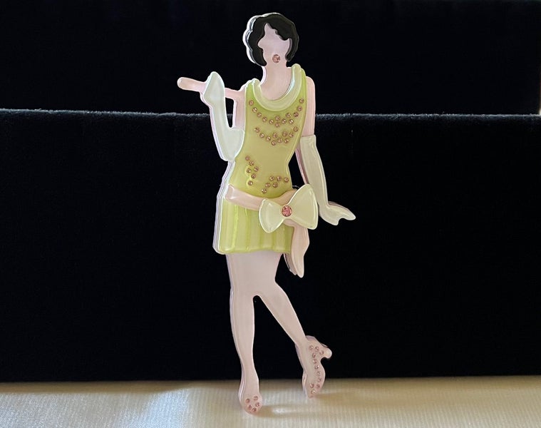 Very Large Art Deco Design Flapper Girl Rhinestones Brooch w/ 1920s Green Dress Carousel 1