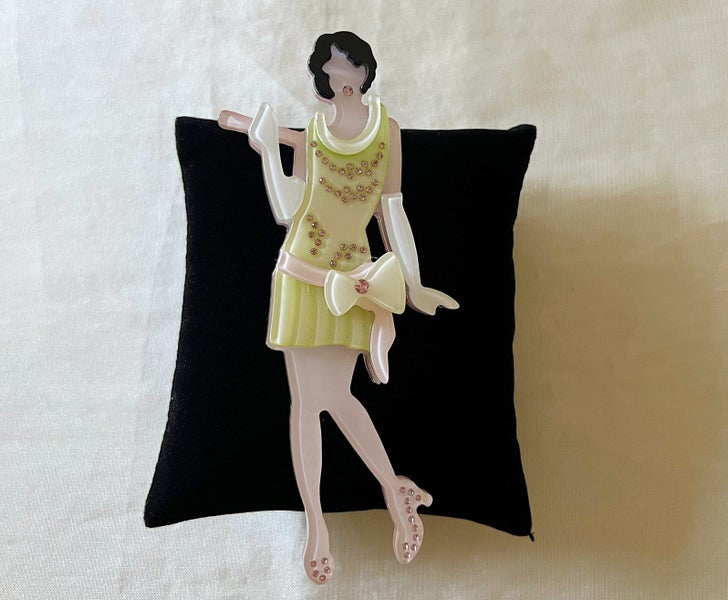 Very Large Art Deco Design Flapper Girl Rhinestones Brooch w/ 1920s Green Dress Carousel 2