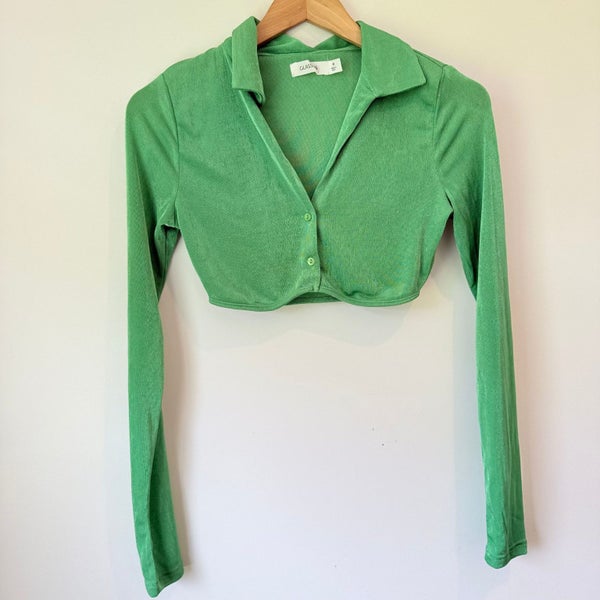 Glassons Size M Green Long-Sleeve Collared Crop Cardi Carousel 1