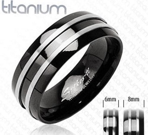 Two Tone Solid Titanium Dome Band Ring w/Black IP Centre
