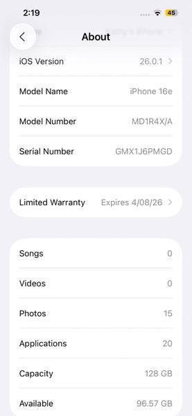 iPhone 16e 128gb in excellent used condition64196096095107113