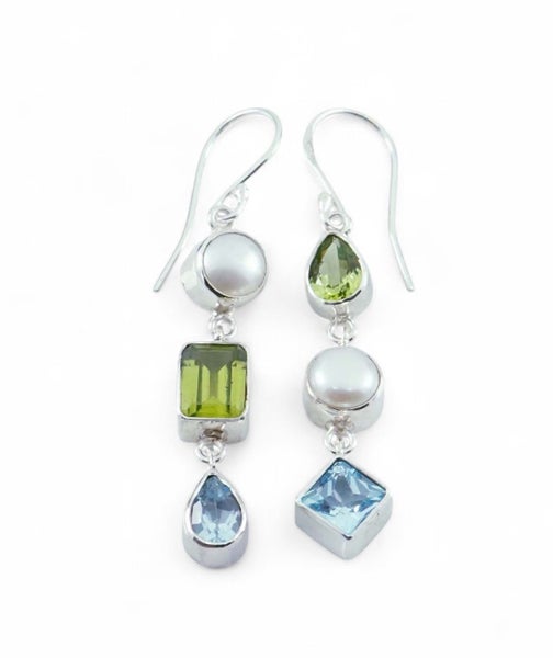 Peridot/ Pearl/ Blue Topaz Sterling Silver Earrings Carousel 1