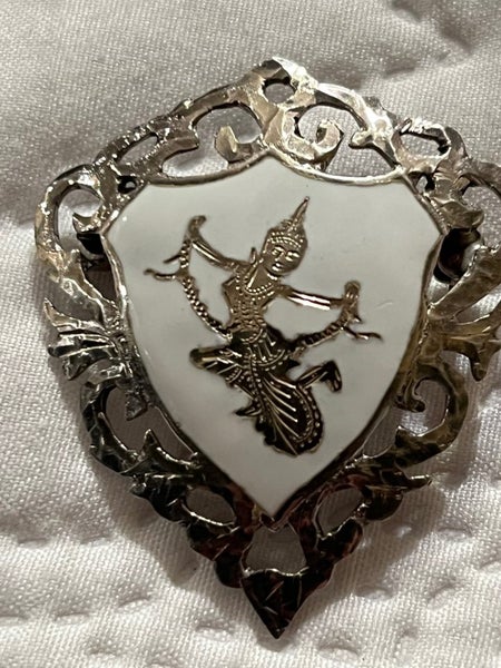 Vintage Siam Sterling Silver White Enamel with DANCER Motif Brooch Carousel 2