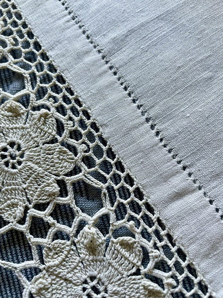 A fabulous vintage Linen cloth with a deep hand crocheted edging Carousel 3