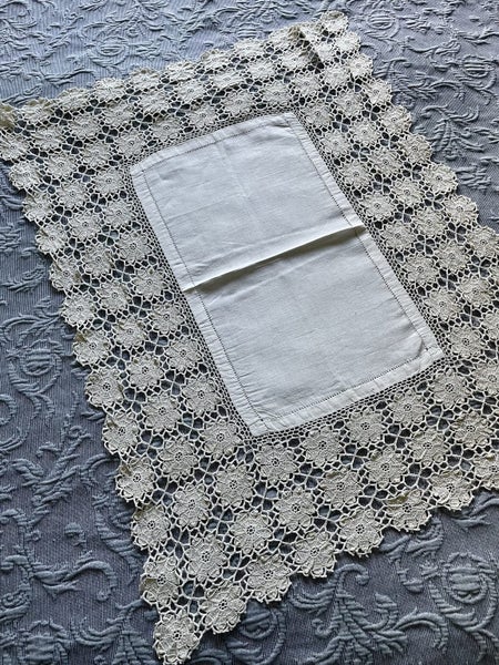 A fabulous vintage Linen cloth with a deep hand crocheted edging Carousel 1