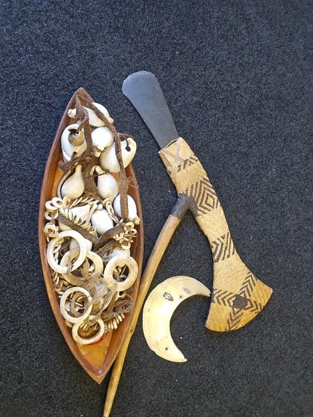 Antique Papua New Guinea shell necklaces in wooden tray $1 reserve Carousel 1