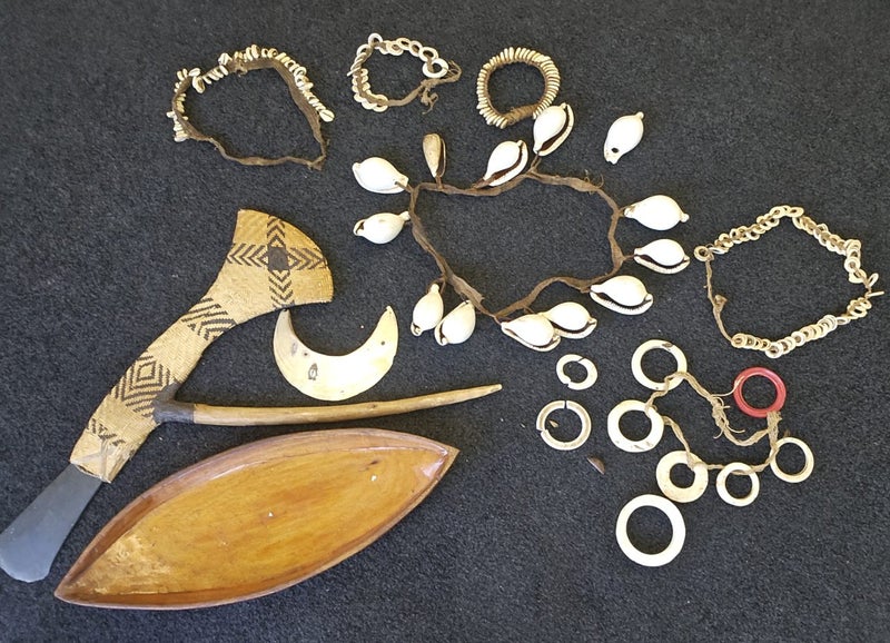 Antique Papua New Guinea shell necklaces in wooden tray $1 reserve Carousel 12