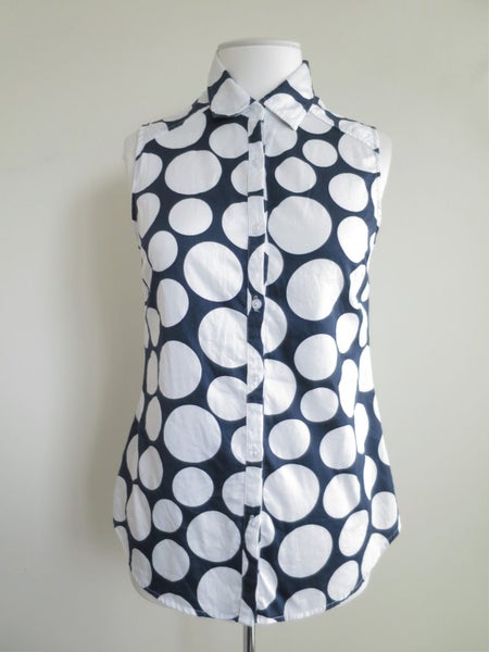 VASSALLI (NZ) *Designer 100% Cotton Navy Orbs Sleeveless Button Blouse Top* 10 Carousel 1