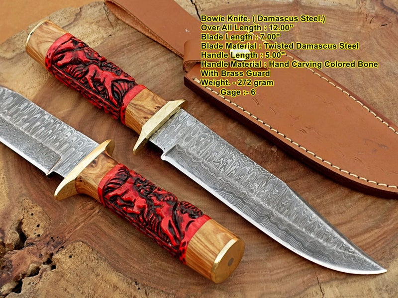 Amazing Hand Made Damascus Steel Hand Craving Colored Bone Handle Knife Carousel 1