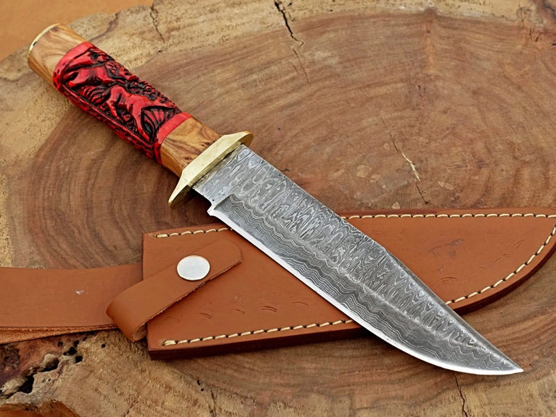Amazing Hand Made Damascus Steel Hand Craving Colored Bone Handle Knife Carousel 2