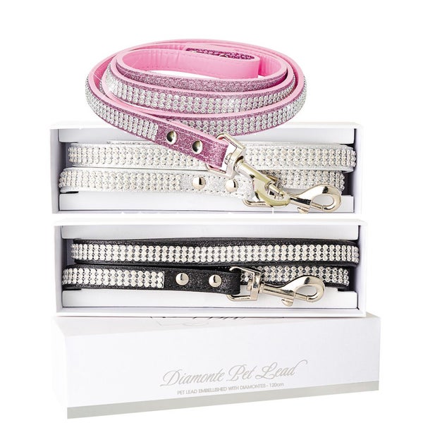 Diamonte Dog / Cat Lead Luxury Stylish Rhinestone Glitter BLACK / PINK / SILVER Carousel 1