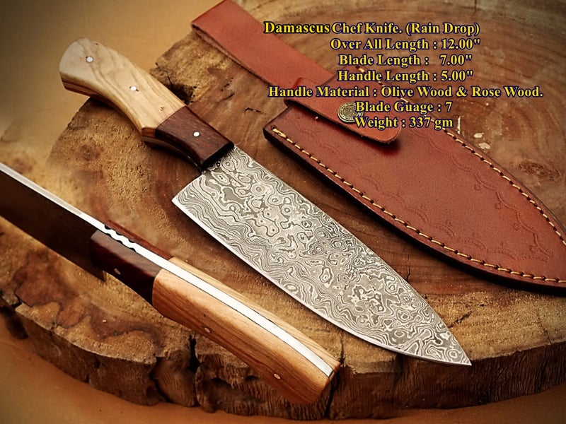 Professional Damascus Steel Hand Made Chef Olive Rose Wood Handle Knife RRP 350$ Carousel 1