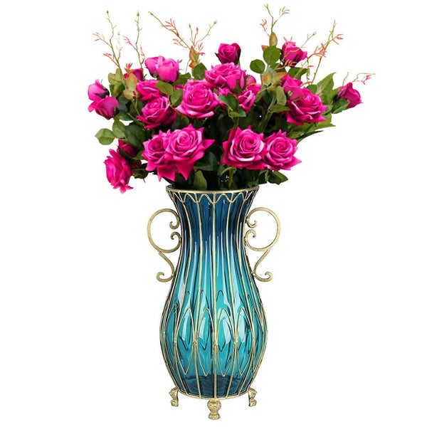 SOGA 51cm Blue Glass Tall Floor Vase with 12pcs Artificial Fake Flower Set Carousel 1