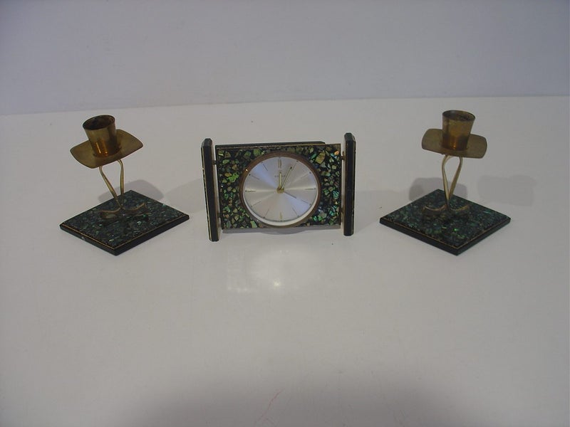 Paua Shell and Brass Clock and Candle Holders Carousel 1