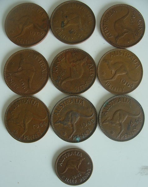 Australian Pennies x 9 + 1 x Half Penny Carousel 1
