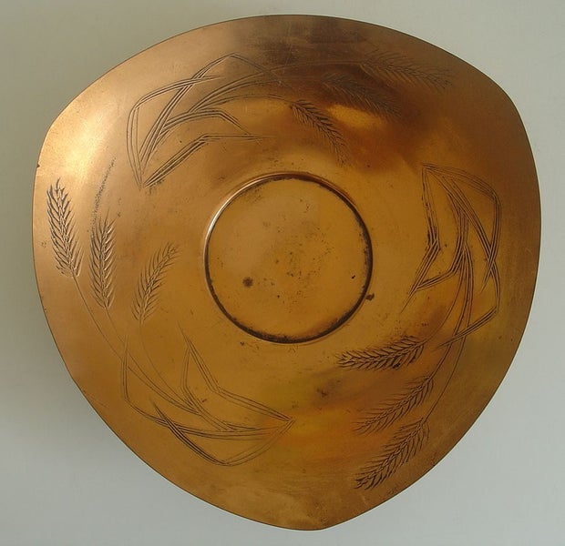 Vintage Hand Crafted Copper Bread Bowl Wheat Motif Carousel 1