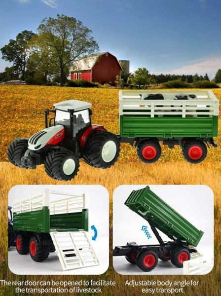 RC Farm Tractor 1/24 Scale Toy 4 Wheel Convertible Livestock Trailer & Cow Carousel 2
