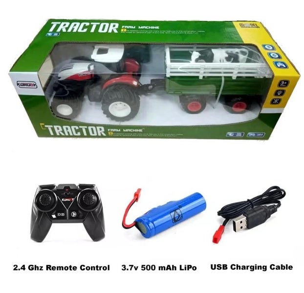 RC Farm Tractor 1/24 Scale Toy 4 Wheel Convertible Livestock Trailer & Cow Carousel 7