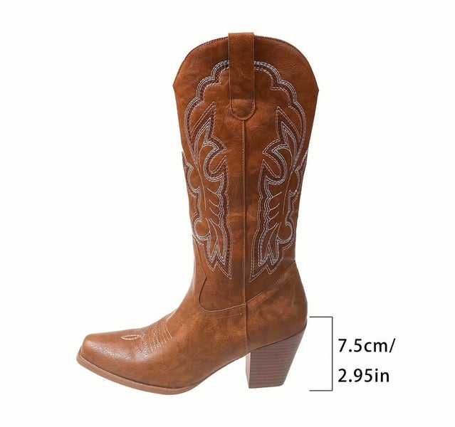 SALE! Womens NZ Size 8 Tan Country Western Cowboy Boots Heels Vegan Leather Carousel 1