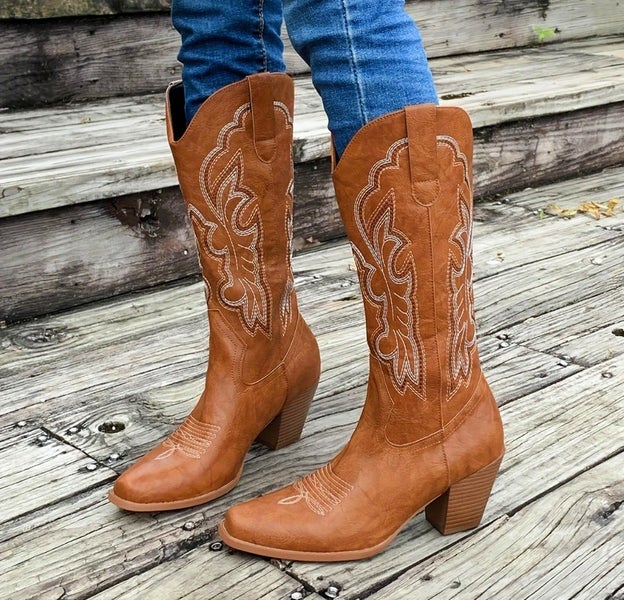 SALE! Womens NZ Size 8 Tan Country Western Cowboy Boots Heels Vegan Leather Carousel 2
