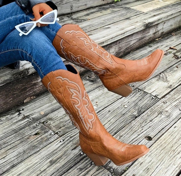 SALE! Womens NZ Size 8 Tan Country Western Cowboy Boots Heels Vegan Leather Carousel 6