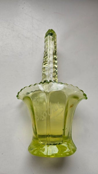 Vintage Vaseline/Uranium Glass Handled Vase Centennial Exhibition 1940 Carousel 2