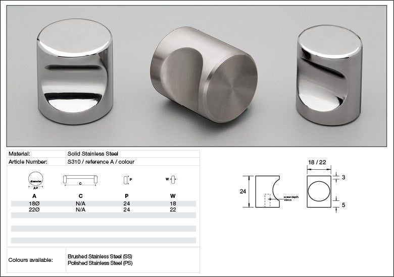 Kethy Cabinet Cylinder Knob Solid Stainless Steel S310 - Available in Various... Carousel 3