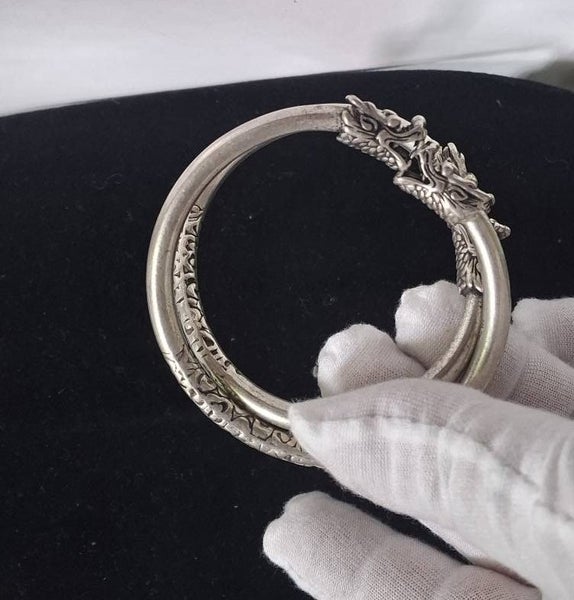 $1R: 2 x Antique-Style Dragon Head Bangles- Pure silver stamp Carousel 2