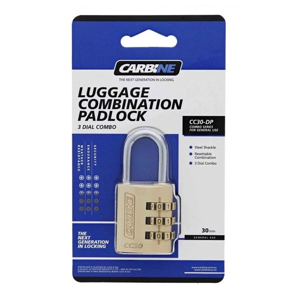 Carbine 3 Dial Combination Padlock 30mm Brass 36x4.8mm Shackle Display Pack C... Carousel 1