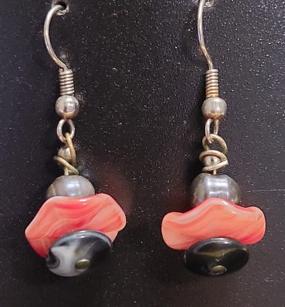 Fibrant genuine pink coral, black coral, black pearl earrings Carousel 1